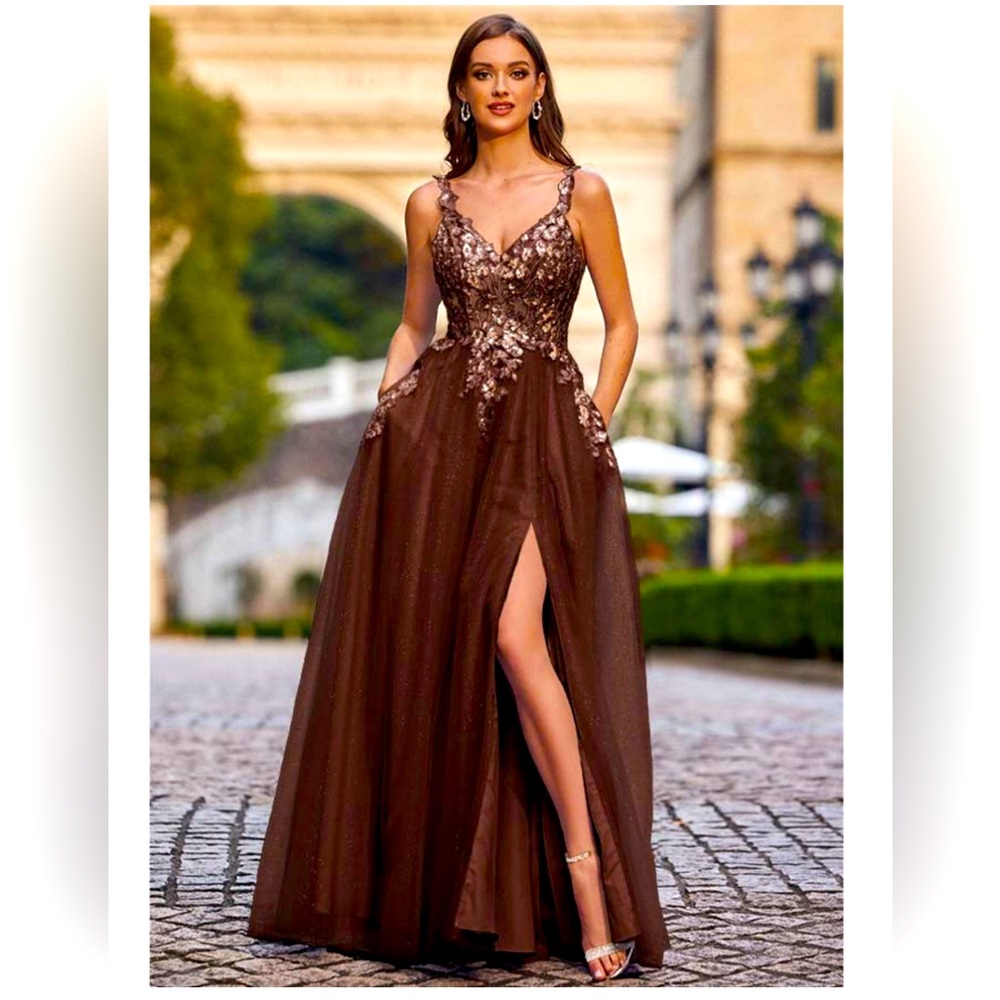 NEW V-Neck Floor-Length Tulle Gown with Sequined Appliqués, Pockets, and Split